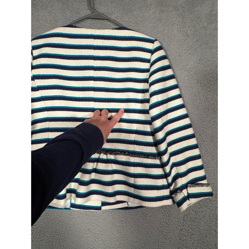 Talbots Women's Striped Blazer Jacket Size 8 Navy Teal White Fringe Collarless - Picture 9 of 9